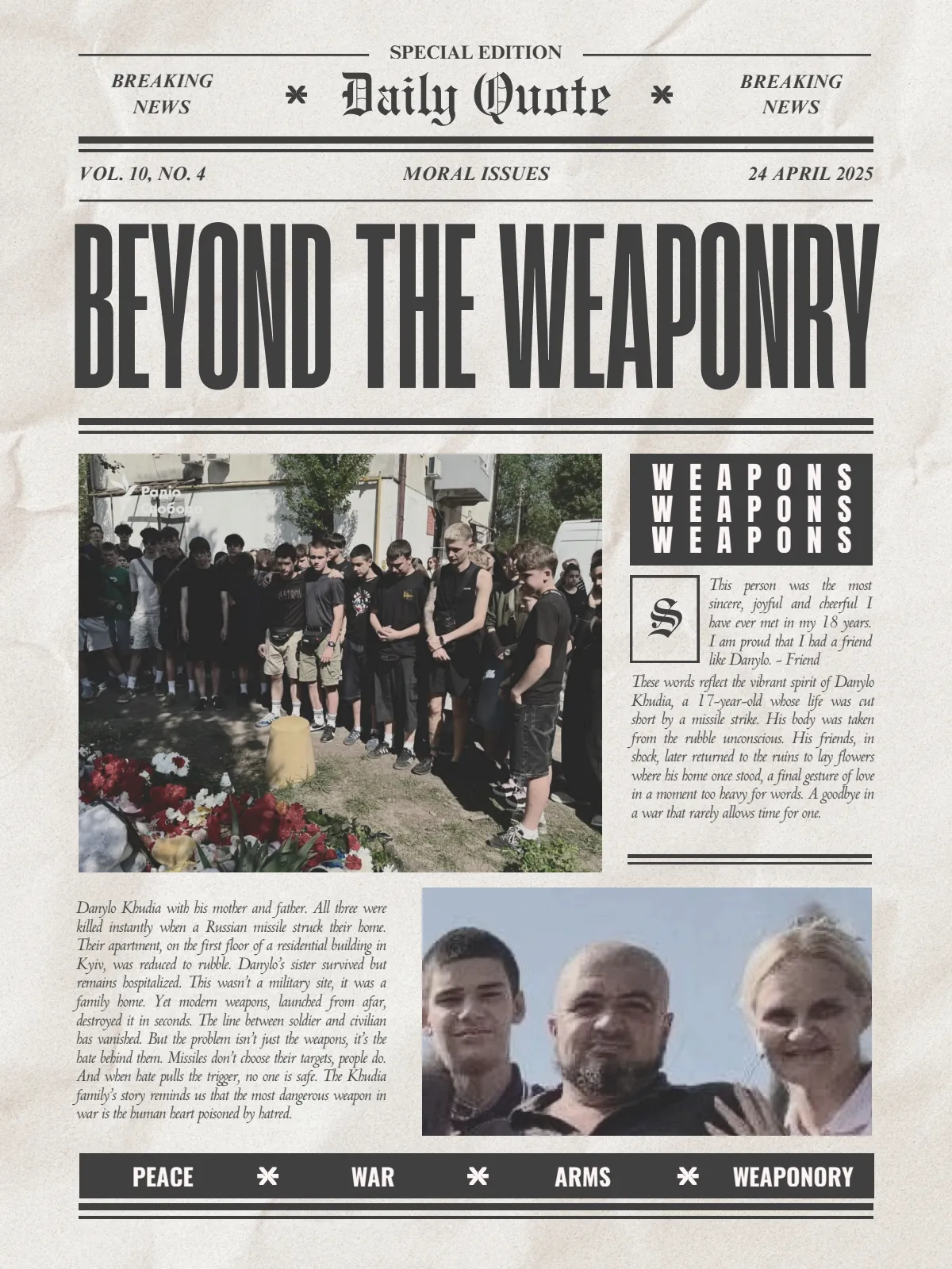 Page 4 — Danylo Khudia, 17, killed with both his parents